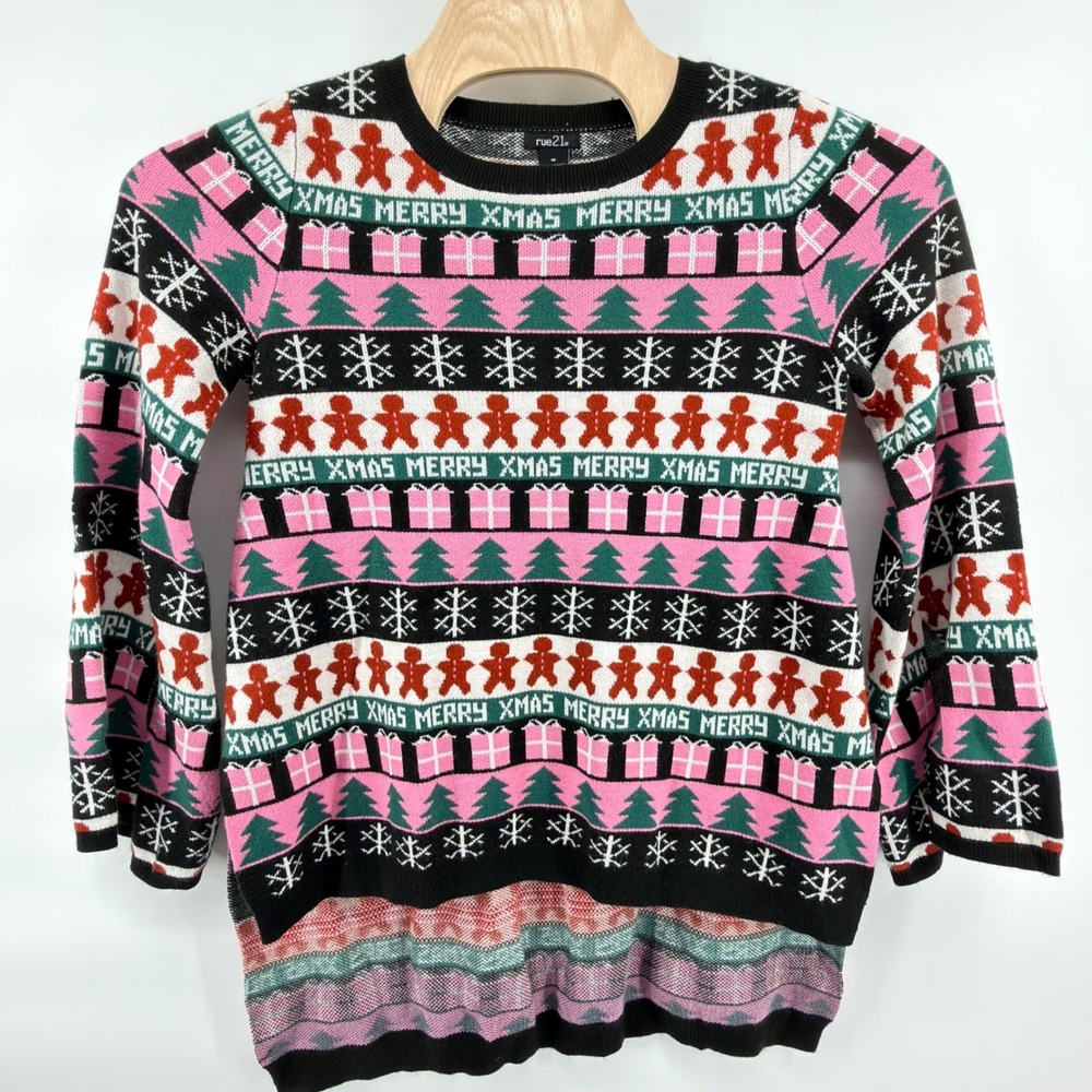 Rue21 Ugly Christmas Sweater Womens Medium Pink Gingerbread Tree Snowflake Knit